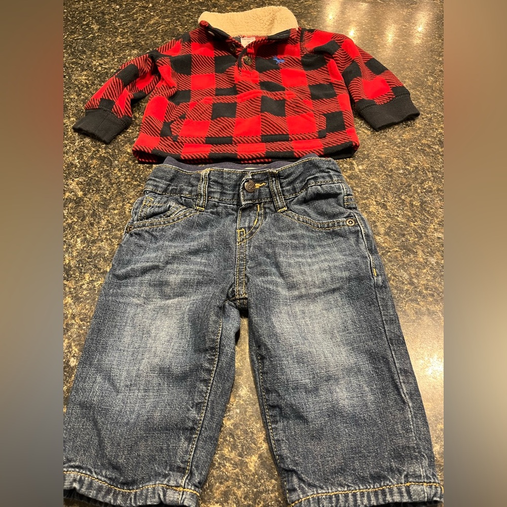 Carters Buffalo Plaid Fleece Top Size 9 Mo. and Baby Gap Jeans Size 6-9 Mo.